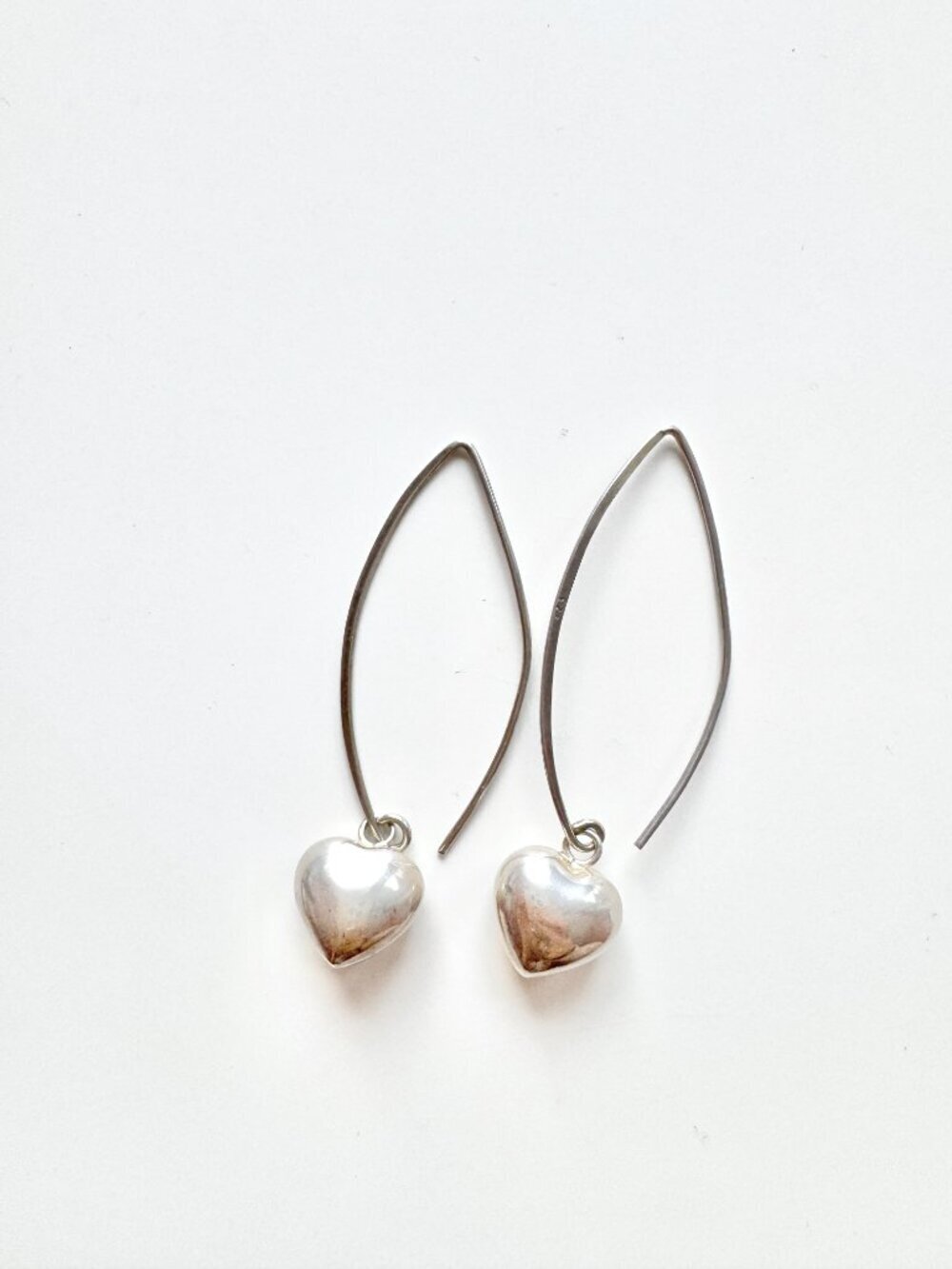 925 Sterling Silver Puffy Heart French Wire Dangle Drop Earrings